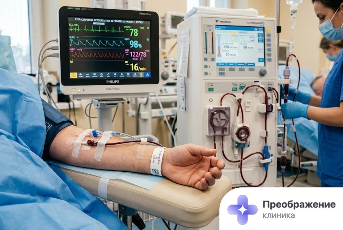 Процесс аппаратной очистки крови от алкоголя под контролем врача-реаниматолога
