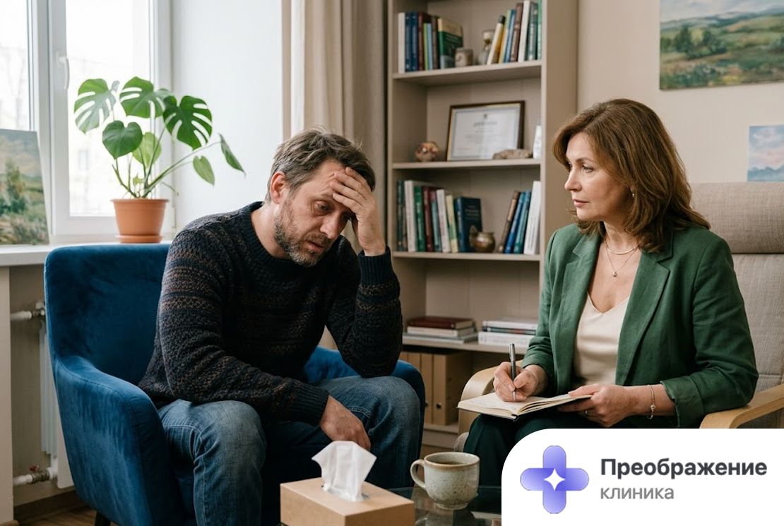 Беседа психотерапевта с пациентом, столкнувшимся с перекрестной зависимостью от аптечных препаратов и алкоголя